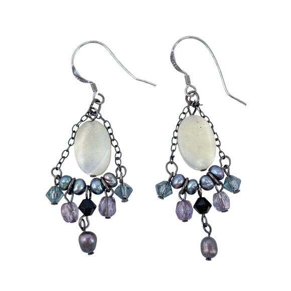 Estate Sterling Silver 925 Mother of Pearl Amethyst Onyx Chandelier Earrings - Picture 5 of 8